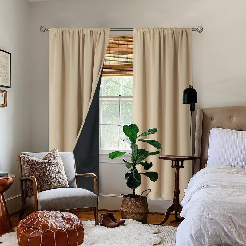 BGment Thermal Insulated 100% Blackout Curtains for Bedroom with Black Liner, Double Layer Full Room Darkening Noise Reducing Rod Pocket Curtain (52 x 84 Inch, Beige, 2 Panels) - Image 2